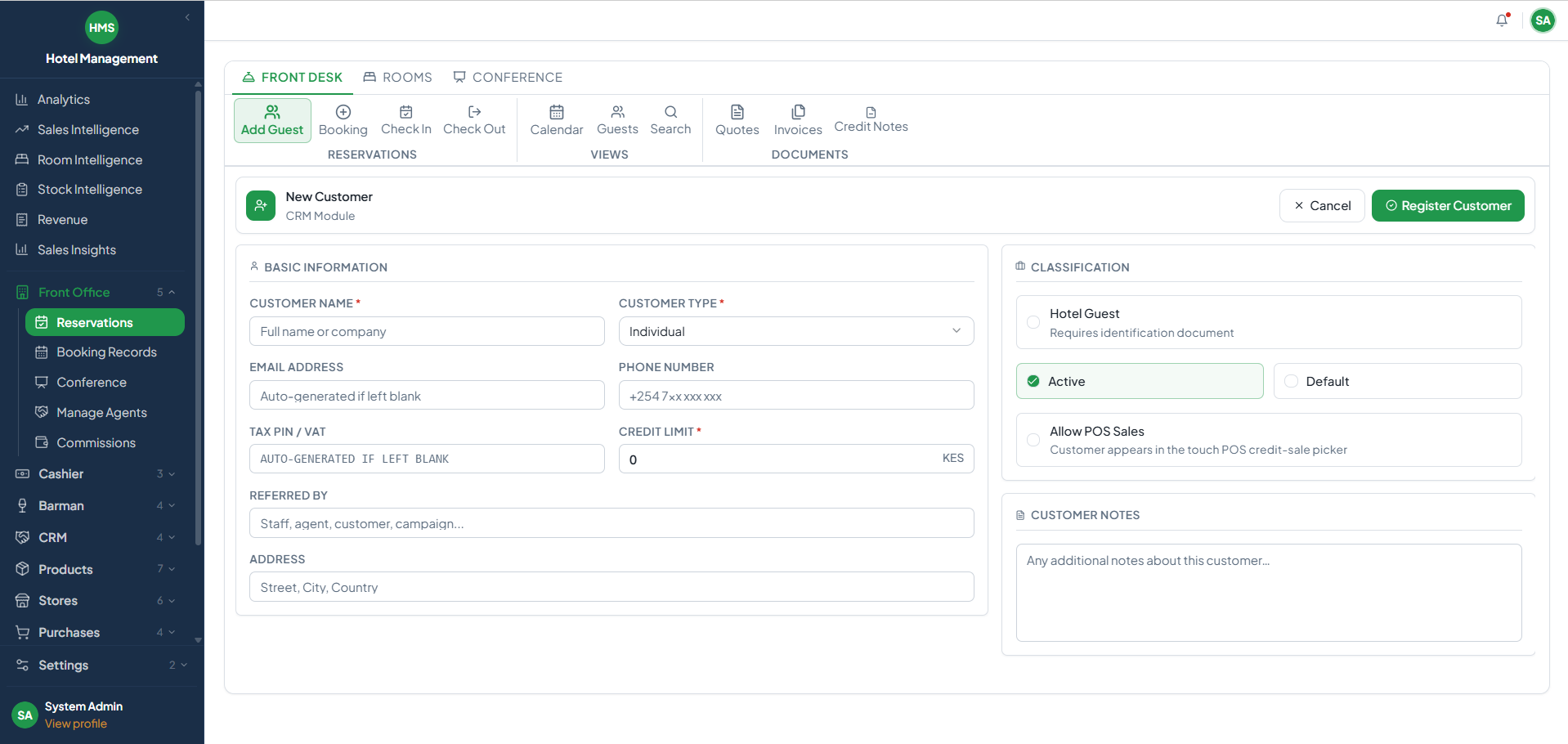 Hotel Management System Interface